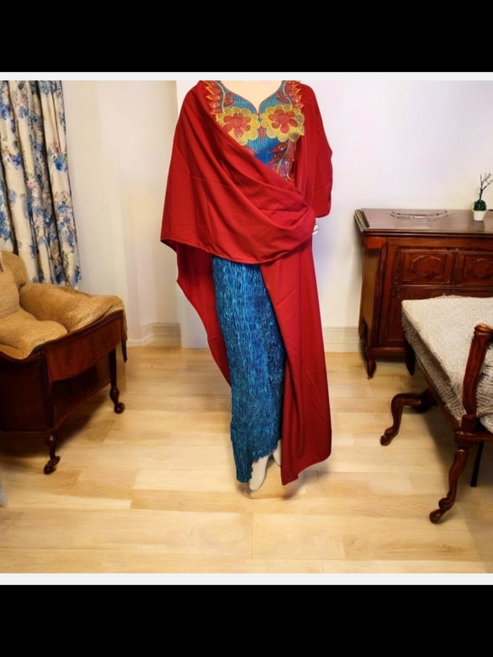 Red Draped Kaftan with Blue Embroidered Bodice